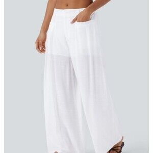 Halara White Crinkle Gauze Wide Leg Flowy Boho Four Pocket Pants Size XL